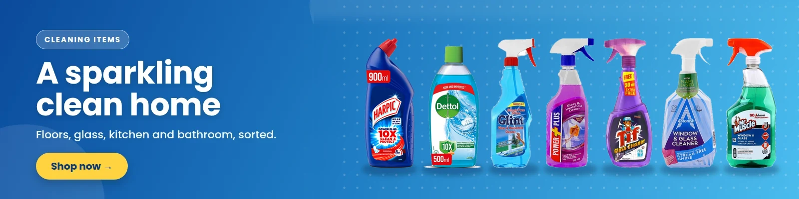 Cleaning items: Harpic, Dettol, Glint, Power Plus, Tif, Astonish and Mr Muscle