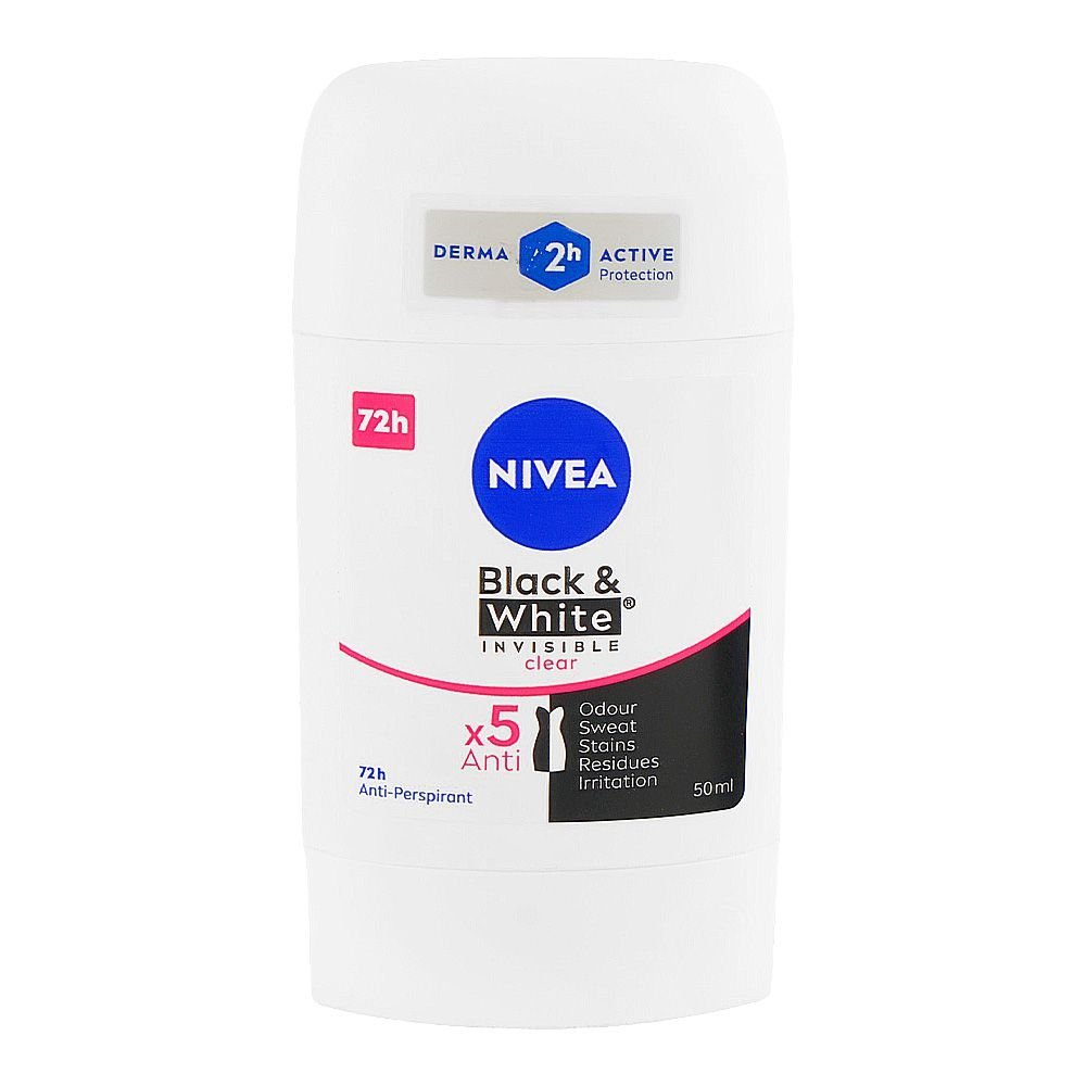 Nivea 72H Black & White Invisible Clear Deodorant Stick, Anti-Perspirant, 50ml