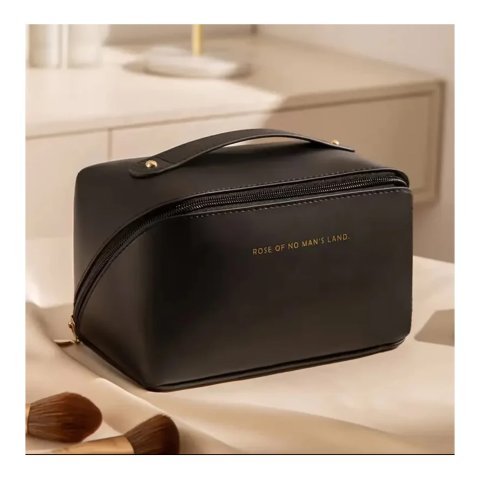 Large Capacity Long Leather Cosmetic Bag, Travel Makeup Organizer, Black