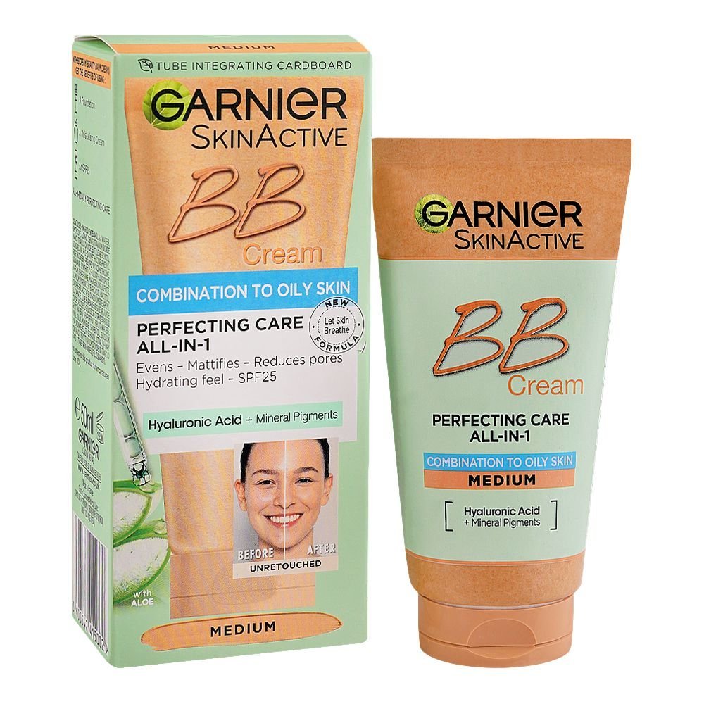 Garnier Skin Active Classic Hyaluronic Acid + Mineral Pigments With Aloe All-In-1 BB Cream Medium For Oily Skin, 50ml