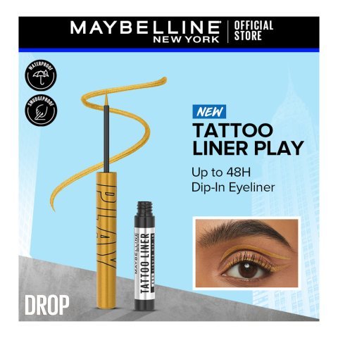 Maybelline New York Tattoo Play Liquid Eyeliner, Water & Smudge Proof, Vegan Formula, Drop-Metallic Gold