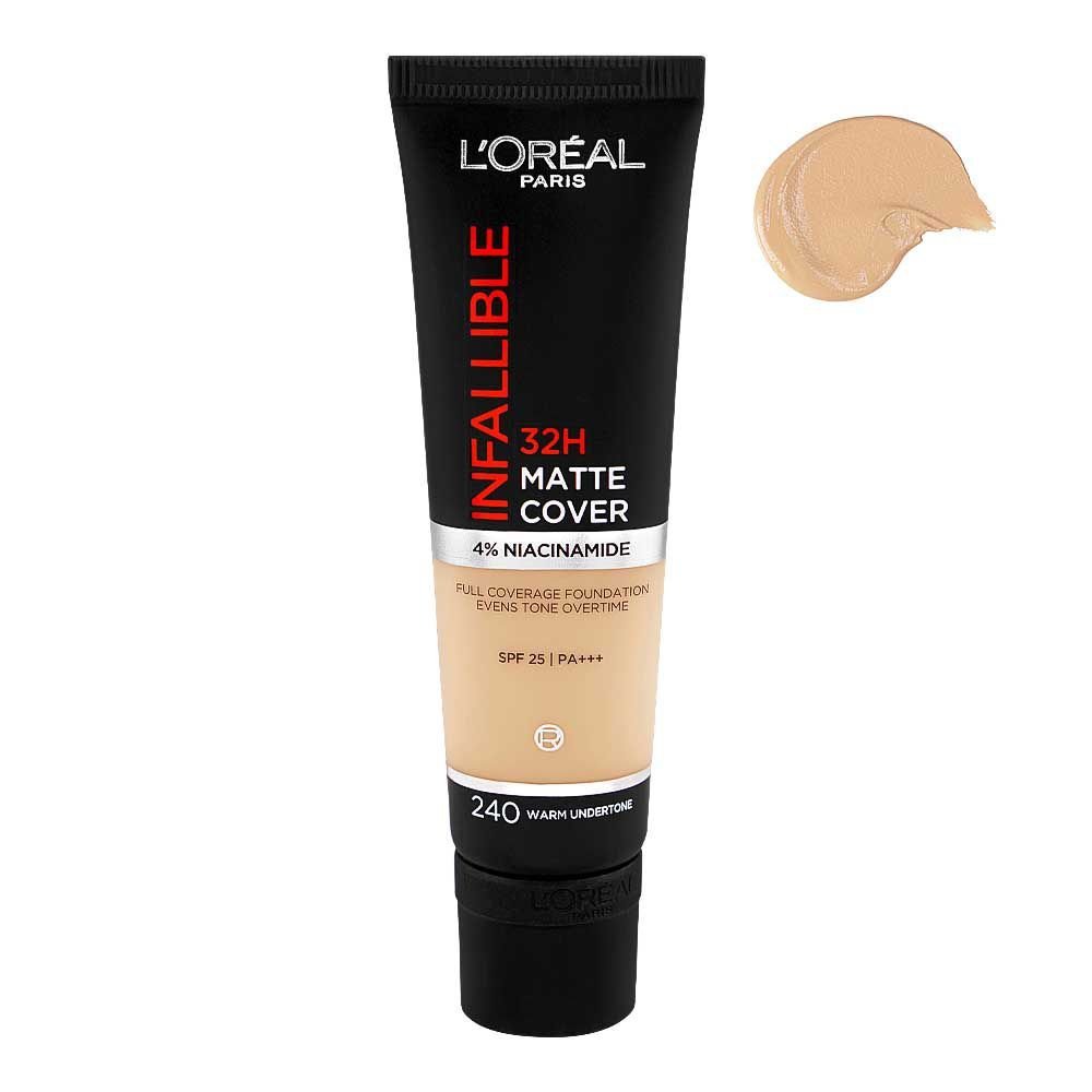 L'Oreal Paris Infallible 32H-Matte Cover Foundation, 4% Niacinamide, SPF25 PA+++ 240 Warm Undertone, 30ml