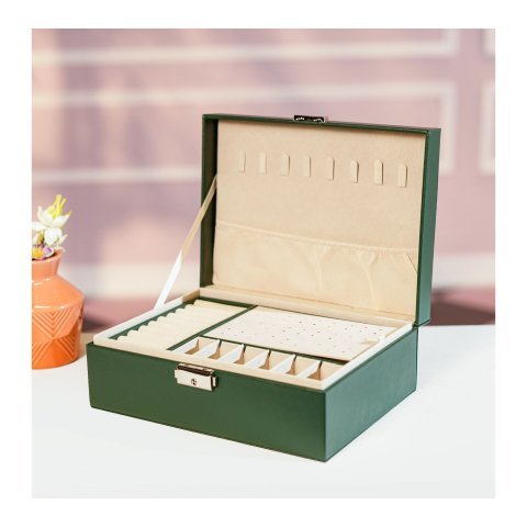 AJF Leather Jewellery Organizer with Locker 2 Layers Hanging Holder Jewelry Box, Green, AS-44
