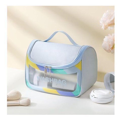 AJF PVC Waterproof Cosmetic Bag, Rainbow Border, Blue