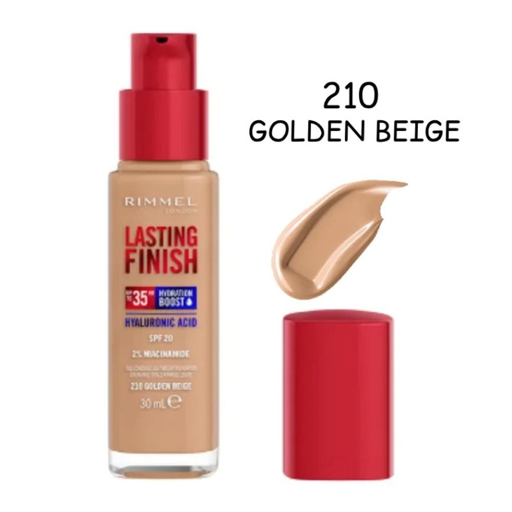 Rimmel Lasting Finish Up to 35H Hydration Boost Foundation, Hyaluronic Acid, SPF20, 2% Niacinamide, 210 Golden Beige, 30ml