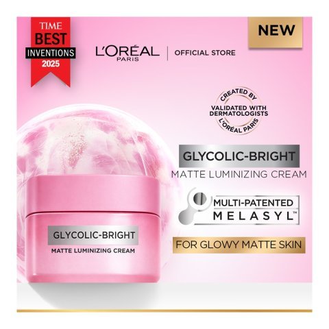 L'Oreal Paris Glycolic-Bright Matte Luminizing Cream, Niacinamide, Vitamin C, For Radiant Skin, 30ml