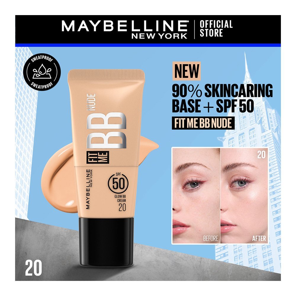 Maybelline Fit Me BB Nude Glow Cream, Sweatproof, SPF50, 20