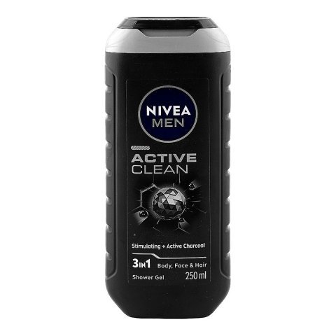 Nivea Men Active Clean Stimulating + Active Charcoal 3-In-1 Body, Face & Hair Shower Gel, 250ml