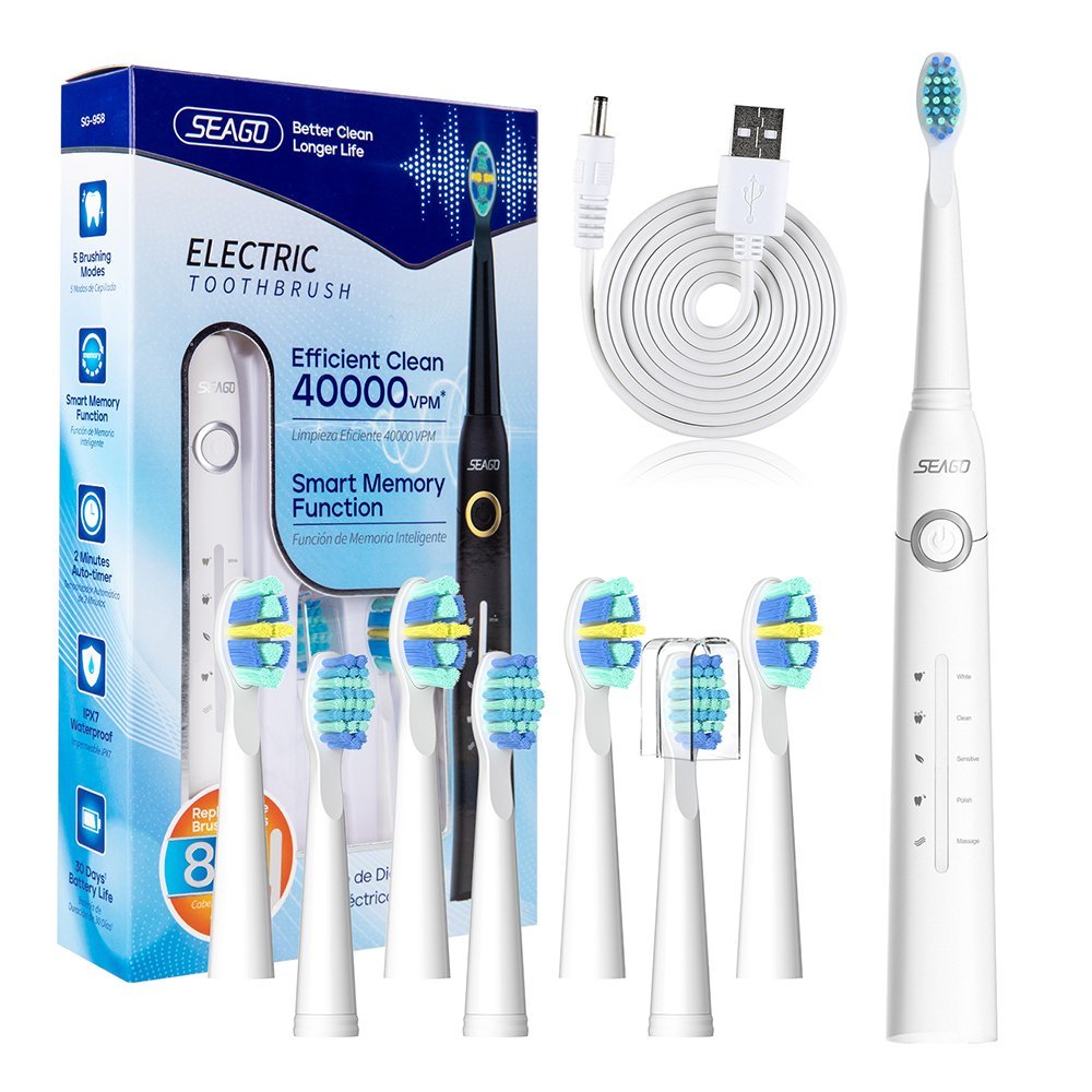 Seago Electric Toothbrush with 8 Brush Heads, 5 Cleaning Modes, IPX7 Waterproof, For Adults, White, SG-958