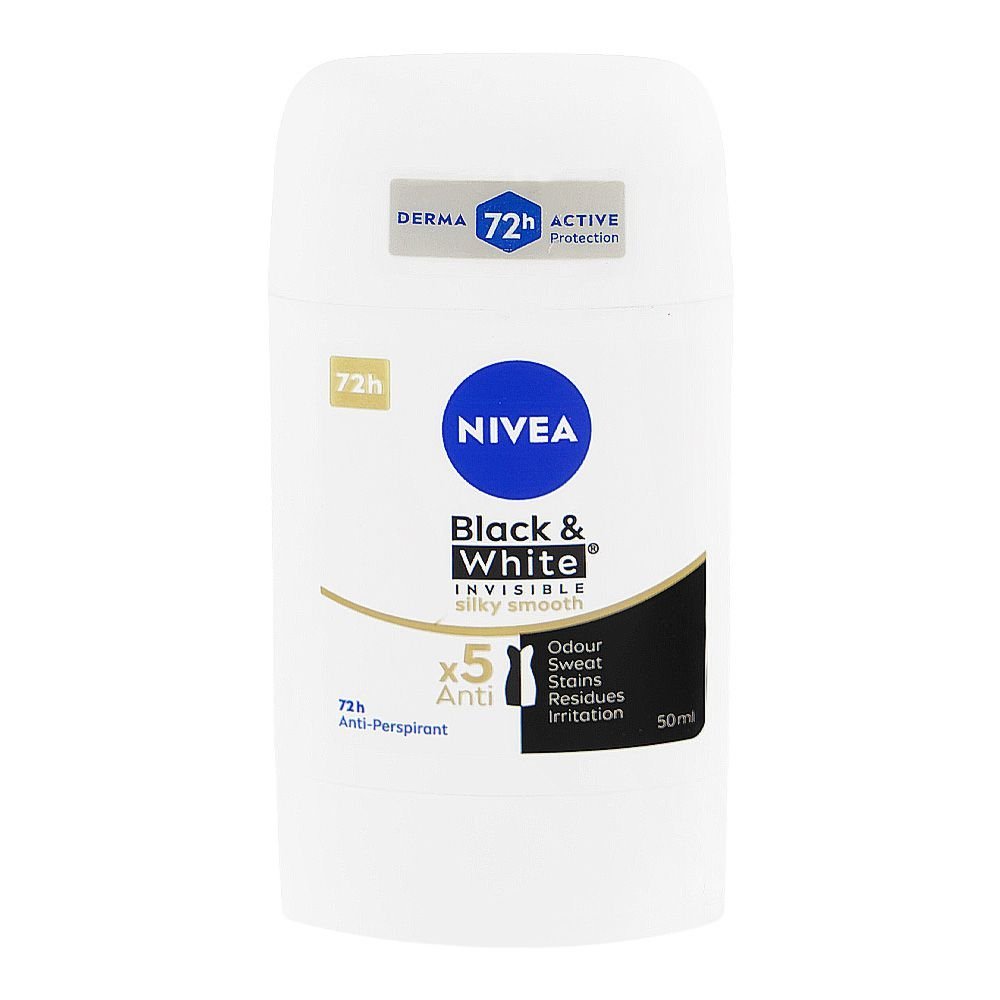 Nivea 72H Black & White Invisible Silky Smooth Deodorant Stick, Anti-Perspirant, 50ml