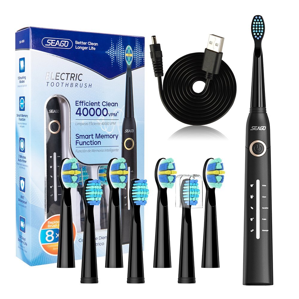 Seago Electric Toothbrush with 8 Brush Heads, 5 Cleaning Modes, IPX7 Waterproof, For Adults, Black, SG-958