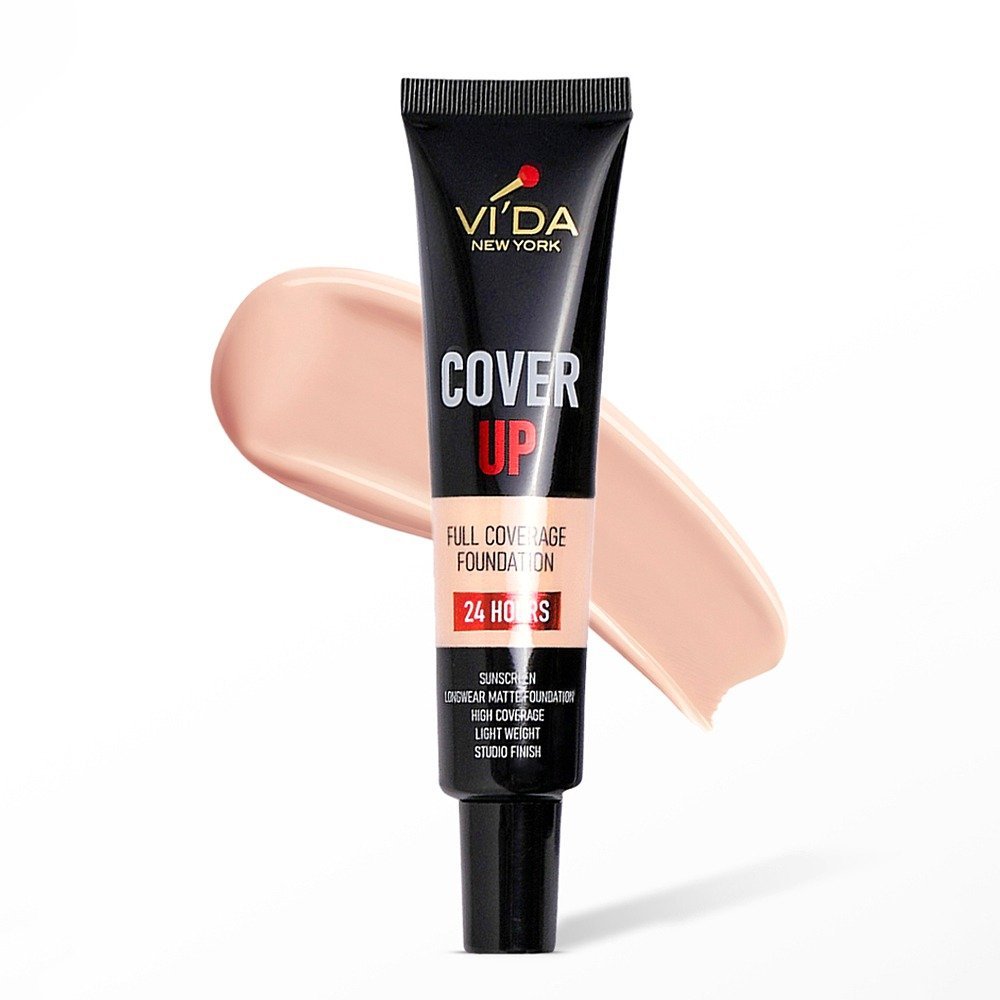 Vi'da New York Cover Up Full Coverage Foundation 24 Hours, Sunscreen, Mattifying, Oil Free, Studio Finish & Lightweight, Non-Comedogenic, 100 Porcelain, 30ml