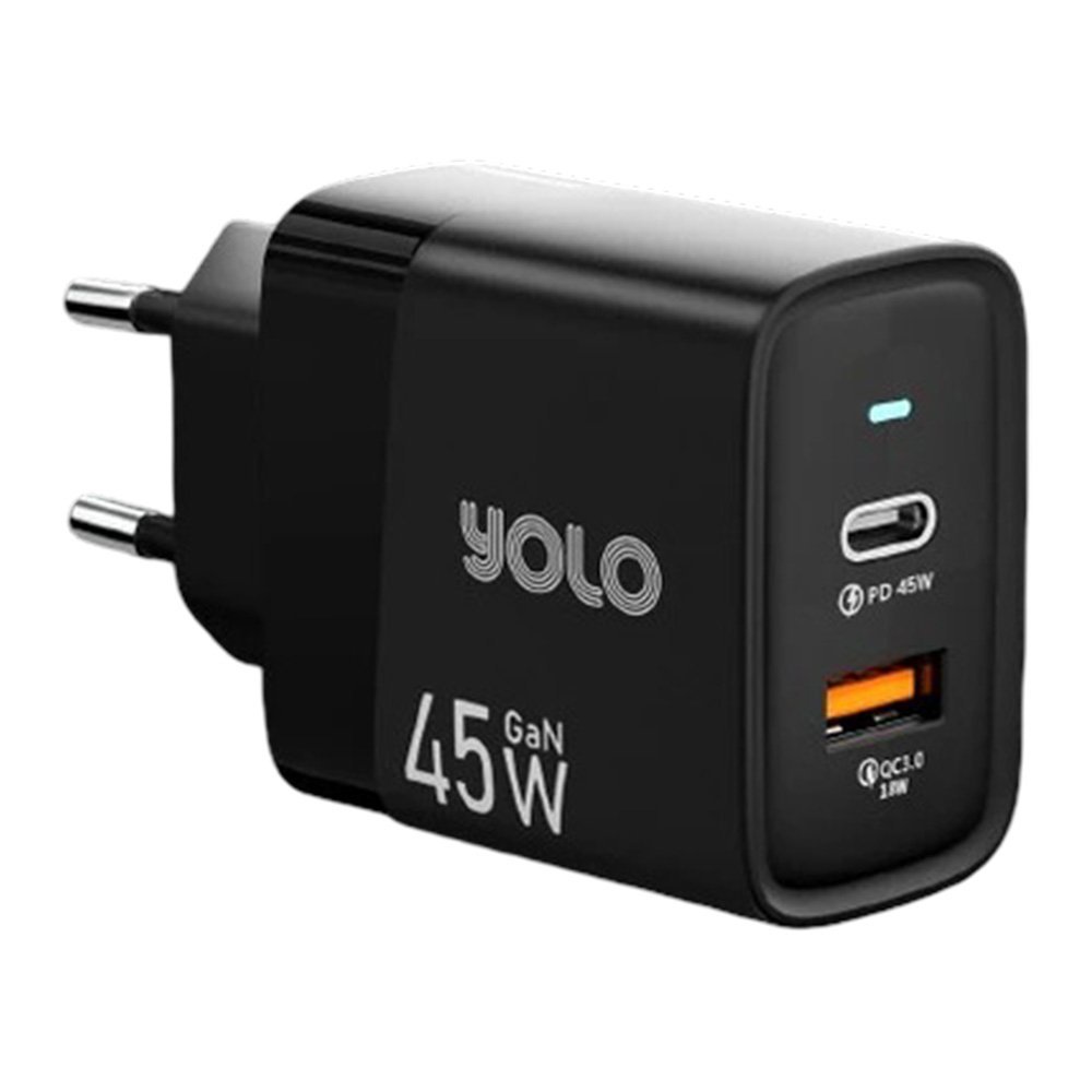 YOLO Dual Port USB-A & USB-C Fast Gan Charger, 45W, Black, Y-451