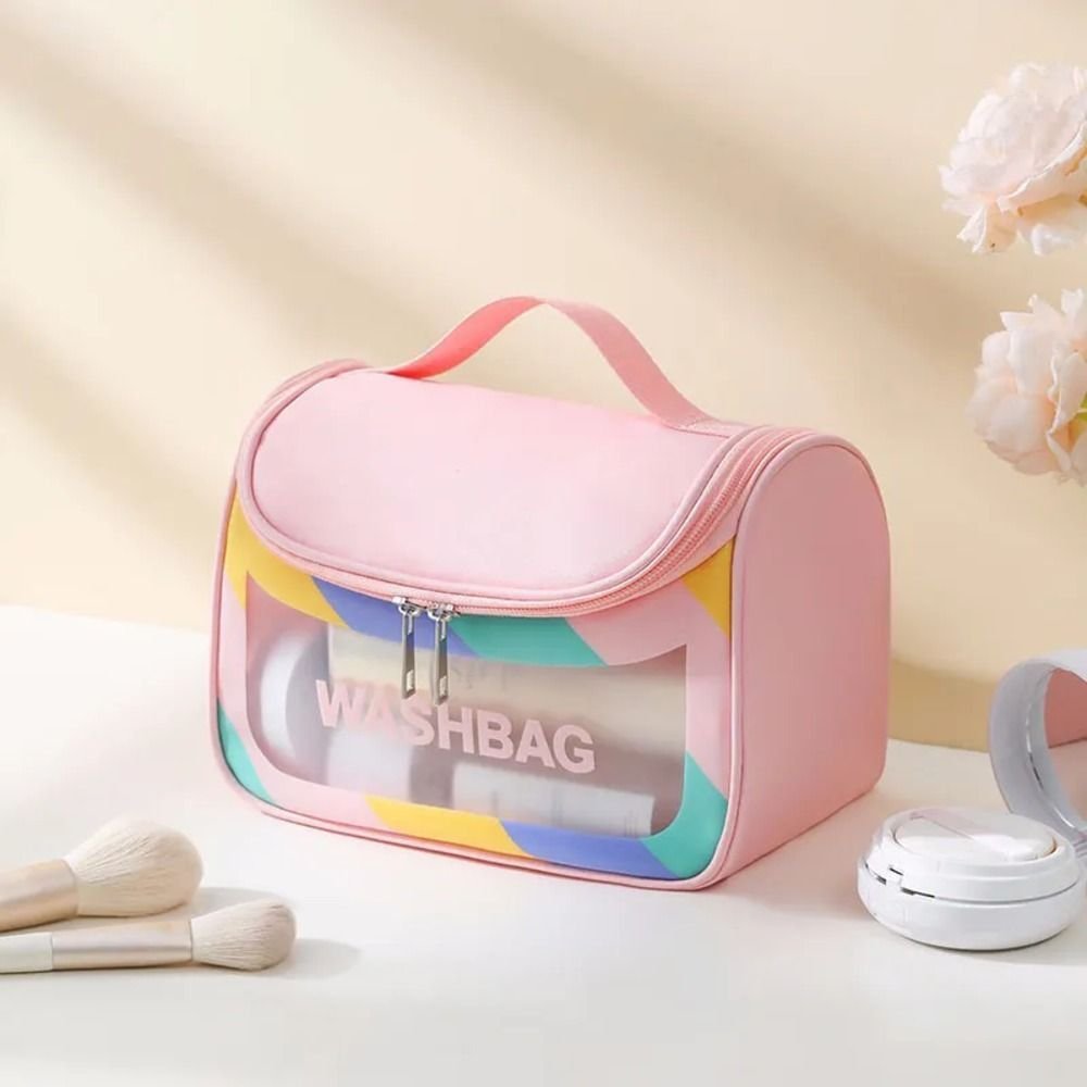 AJF PVC Waterproof Cosmetic Bag, Rainbow Border, Pink
