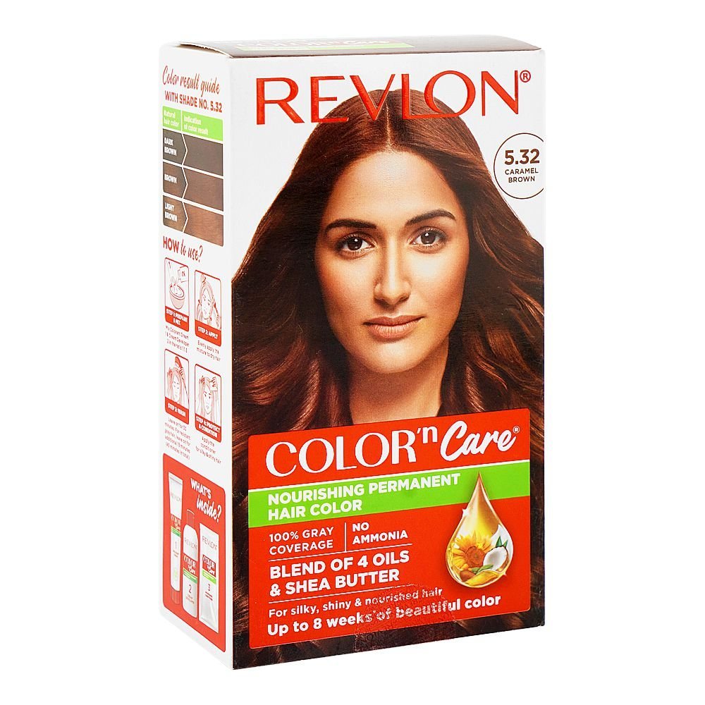Revlon Color'n Care Nourishing Permanent Hair Color, Ammonia Free, Jojoba Oil, Shea Butter, 5.32 Caramel Brown