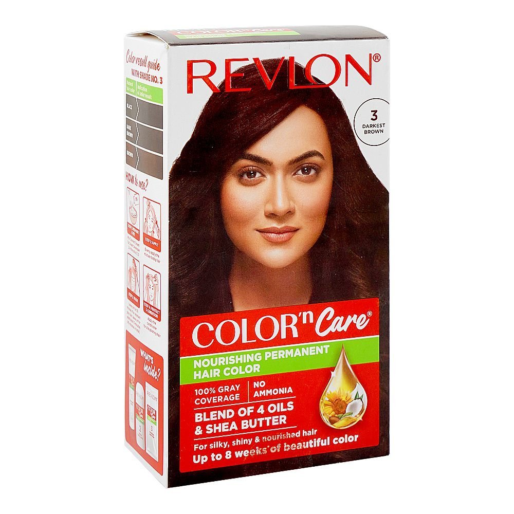 Revlon Color'n Care Nourishing Permanent Hair Color, Ammonia Free, Jojoba Oil, Shea Butter, 3 Darkest Brown