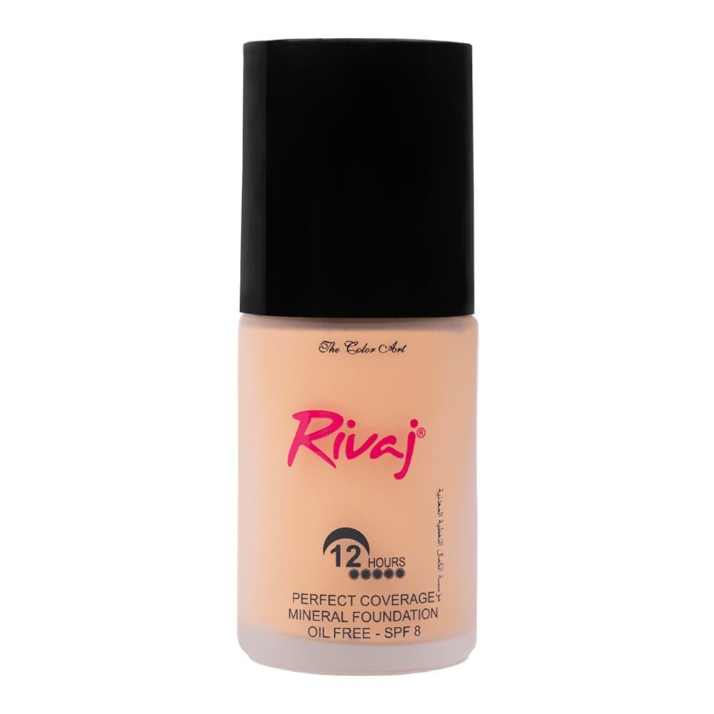 Rivaj UK Perfect Coverage Mineral Liquid Foundation, Oil Free, SPF 8, 12H Wear, 30ml, No.09