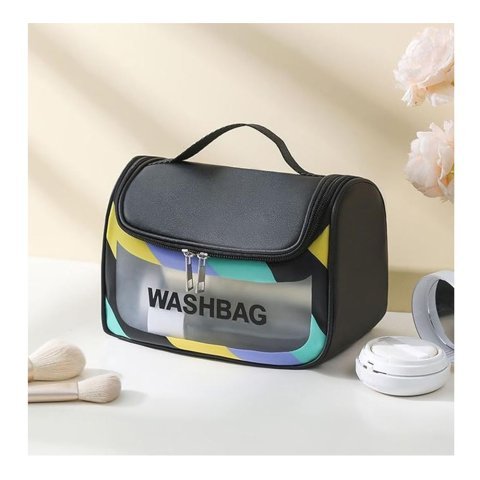 AJF PVC Waterproof Cosmetic Bag, Rainbow Border, Black