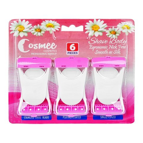 Cosmee Prep Body Razor For Women, Stainless Steel Blade, Single-Edged, Platinum Coated, 6-Pack