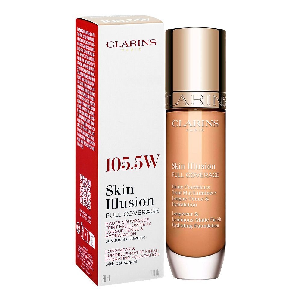 Clarins Paris Skin Illusion Full Coverage Longwear & Luminous-Matte Finish Hydrating Foundation, 105.5W, 30ml