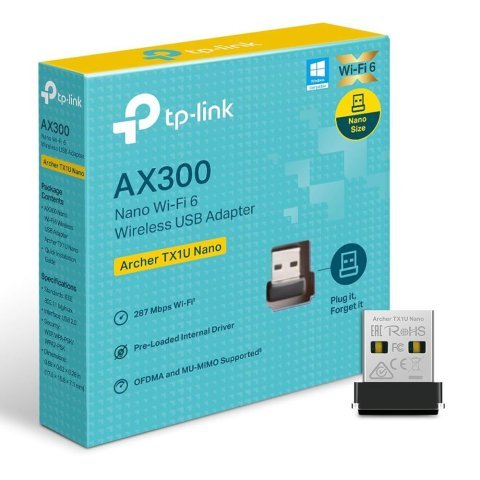 TP-Link AX300 Nano Wi-Fi 6 USB Adapter, 287 Mbps, Archer TX1U Nano