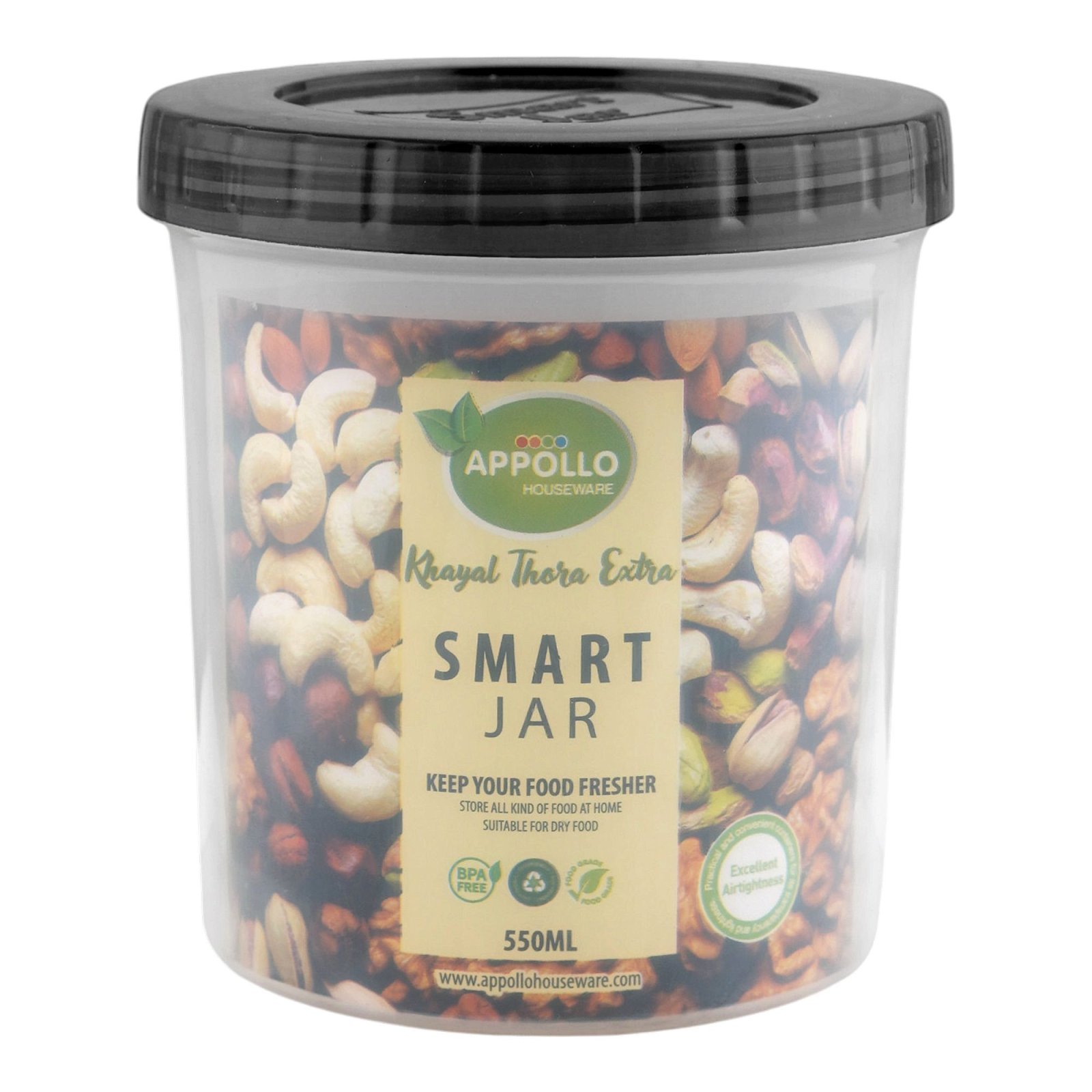 Appollo Smart Jar, BPA Free, Medium, Black, 550ml