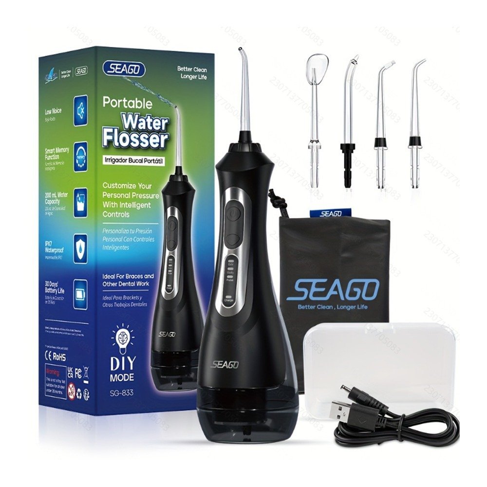 Seago Smart Water Rechargeable Dental Flosser/Irrigator Cordless USB, 3 Cleaning Modes, 5 Jet Tips, IPX7 Waterproof, Travel Bag, Black, SG-833