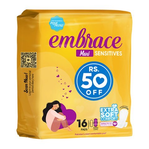 Embrace Sensitives Maxi Pads, Extra Long, Value Pack, 16-Pack, Rs.50/- Off